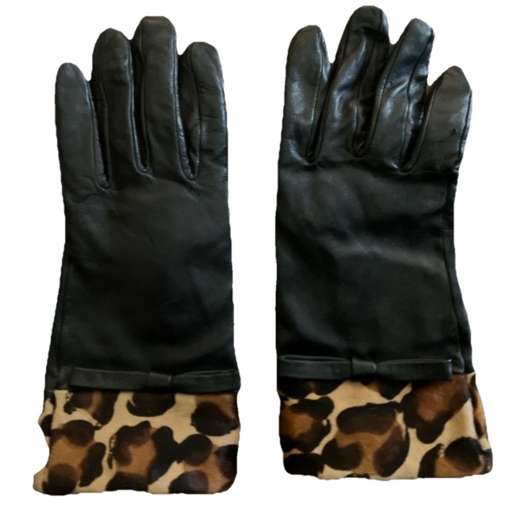 Black Leather Leopard Cuffed Gloves Warmly Lined Women's Fall Winter Medium